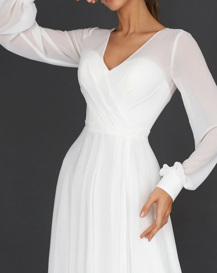 Women's Pleated Fit & Flare Dress – V-Neck Long Sleeve Cocktail Dress