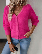 Women's Fluffy V-Neck Knit Cardigan – Relaxed Button Front Cardigan
