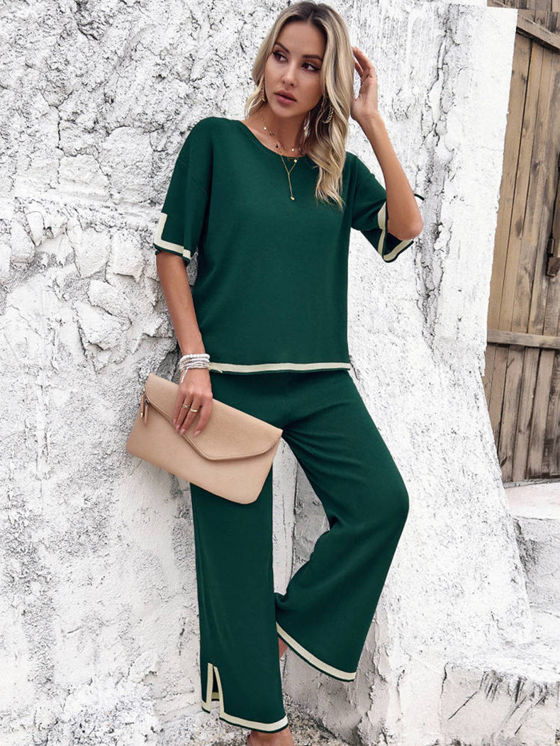 Women's Split Hem Wide Leg Pants Set – Relaxed Casual Loungewear Set
