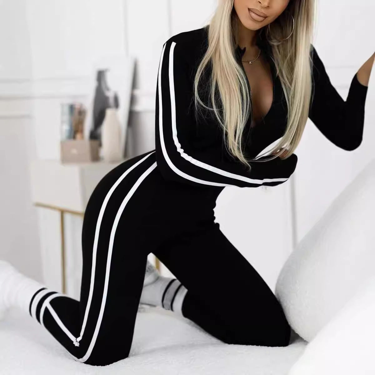 Women's Long Sleeve Sport Bodysuit – Side Stripe Fitted Active Bodysuit