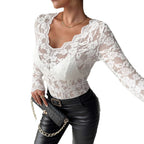 Women's Romantic Floral Lace Bodysuit – V-Neck Long Sleeve Fitted Bodysuit