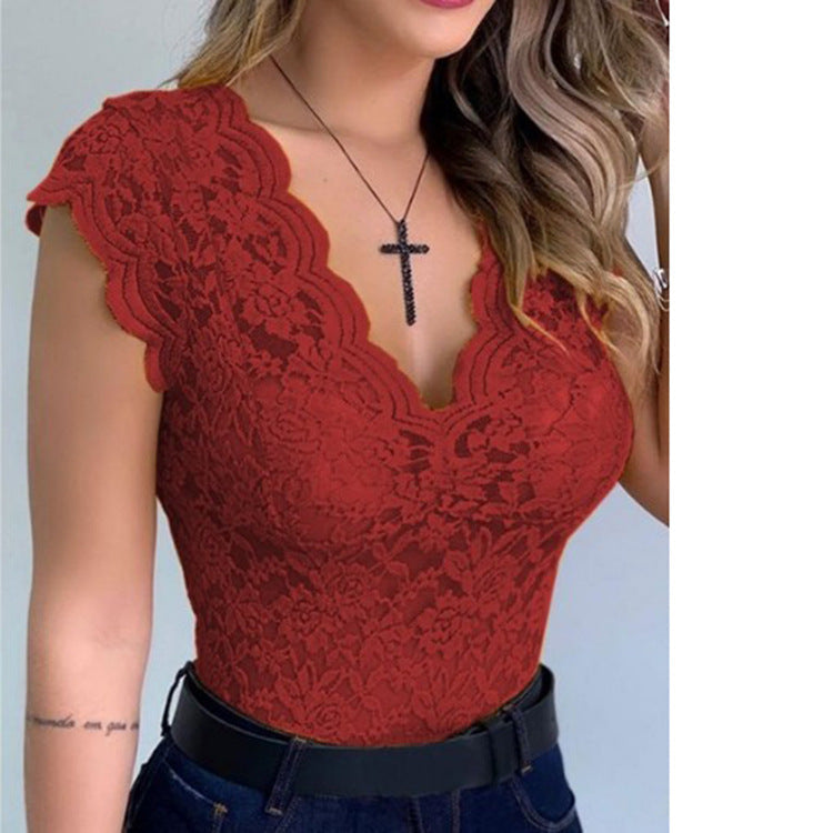 Women's Plunging Ruffle Lace Bodysuit – V-Neck Statement Sleeve Bodysuit
