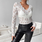 Women's Romantic Floral Lace Bodysuit – V-Neck Long Sleeve Fitted Bodysuit