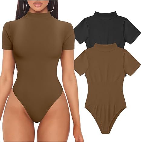 Women's Fitted Mock Neck Bodysuit – Short Sleeve Everyday Bodysuit