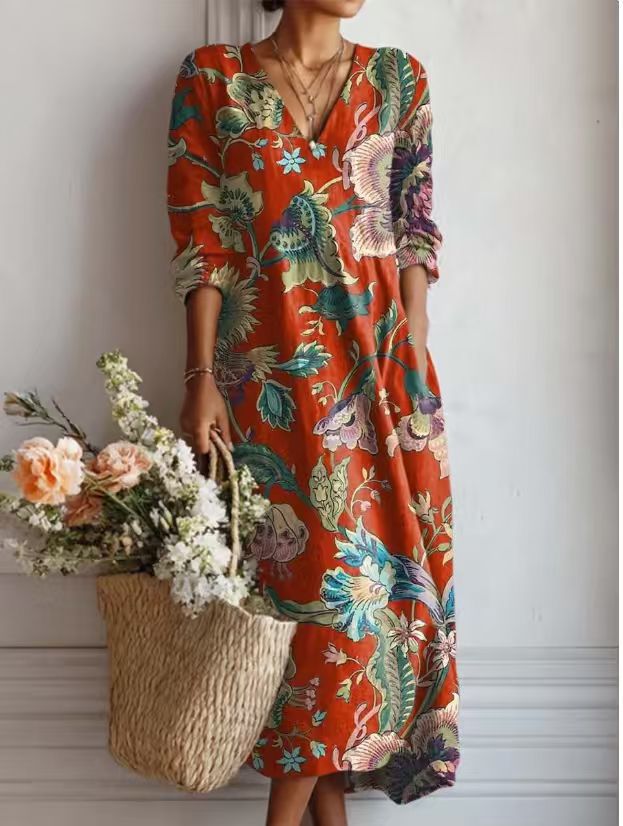 Women's Vintage Floral Midi Dress – A-Line Flowy Summer Dress