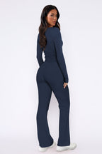 Women's Button Detail Crop Top Set – Flared Pants Casual Loungewear Set