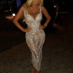 Women's Sequin Fringe Gown – V-Neck Sparkle Evening Party Dress
