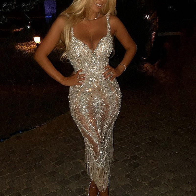 Women's Sequin Fringe Gown – V-Neck Sparkle Evening Party Dress
