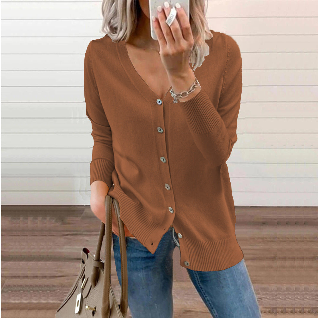 Women's Ribbed V-Neck Cardigan – Button Front Long Sleeve Cardigan