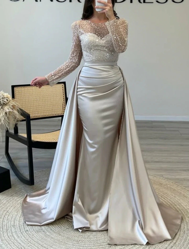 Women's Long Sleeve Glitter Gown – Flowing Sparkle Formal Evening Dress