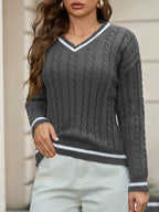 Women's Striped Cable Knit Sweater – V-Neck Preppy Pullover