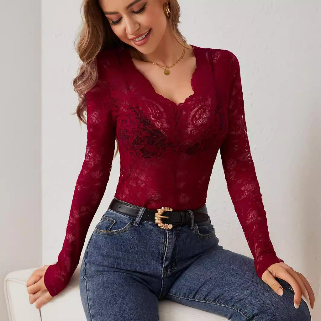 Women's Plunging Floral Lace Bodysuit – Sheer Long Sleeve V-Neck Bodysuit
