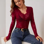 Women's Plunging Floral Lace Bodysuit – Sheer Long Sleeve V-Neck Bodysuit