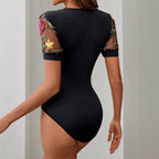 Women's Sheer Floral V-Neck Bodysuit – Lace Sleeve Fitted Bodysuit