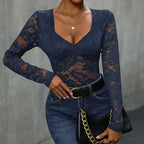 Women's Deep V-Neck Floral Bodysuit – Sheer Lace Long Sleeve Bodysuit