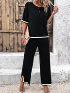 Women's Split Hem Wide Leg Pants Set – Relaxed Casual Loungewear Set