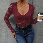 Women's Deep V-Neck Floral Bodysuit – Sheer Lace Long Sleeve Bodysuit