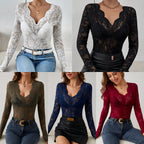 Women's Plunging Floral Lace Bodysuit – Sheer Long Sleeve V-Neck Bodysuit