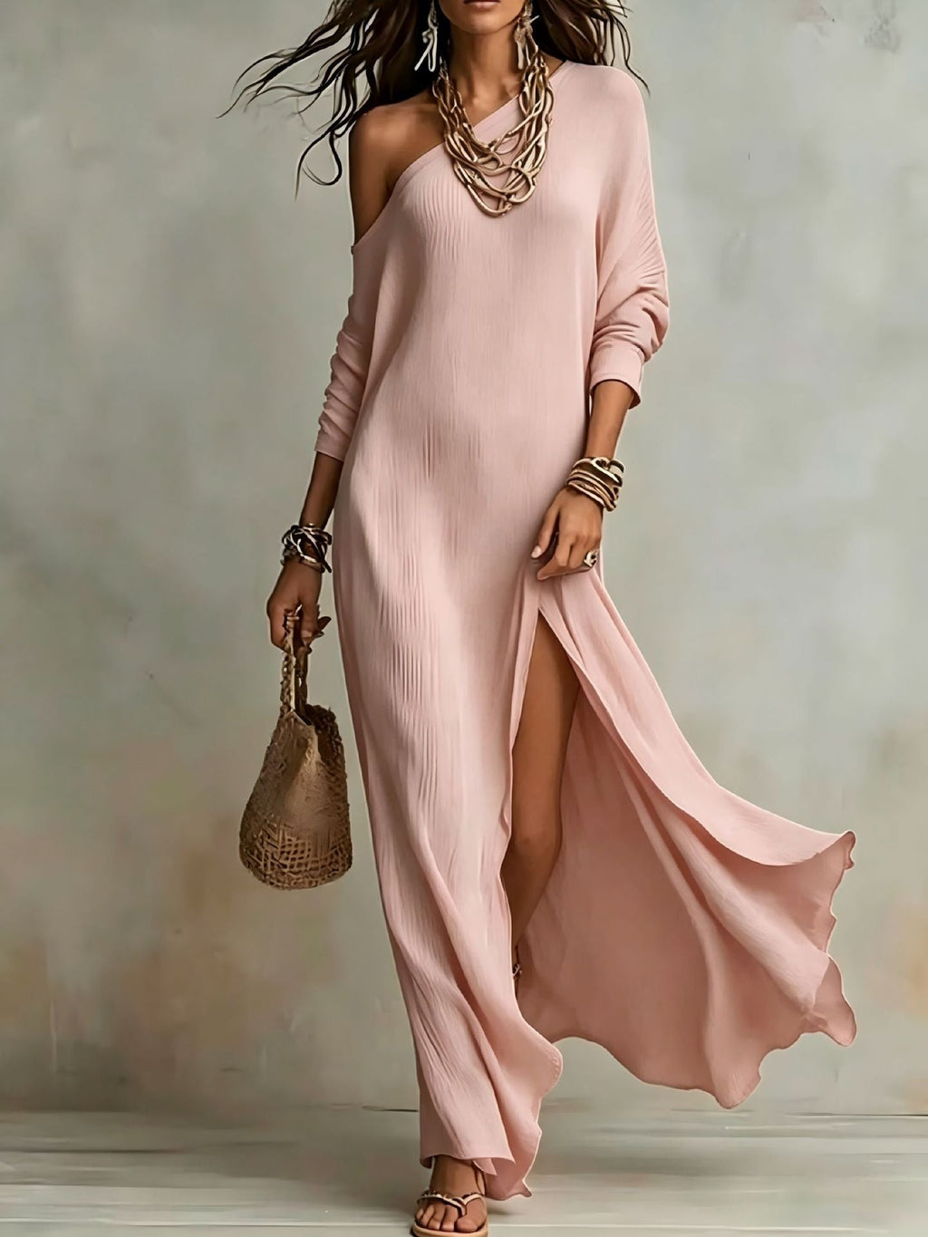 Women's One Shoulder Wedding Guest Dress – Flowy Side Slit Formal Dress