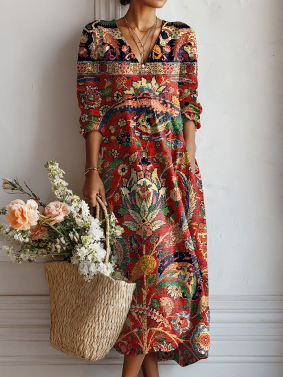 Women's Vintage Floral Midi Dress – A-Line Flowy Summer Dress