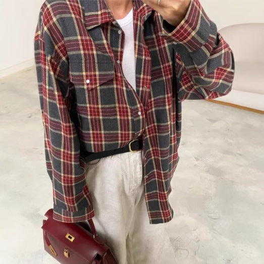 Women's Checked Button Blouse – Oversized Relaxed Shirt Blouse