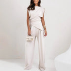 Women's High Waist Co-Ord Set – Draped Top & Wide Leg Pants Set