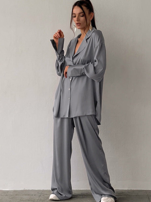 Women's Oversized Lounge Pants Set – Relaxed Blouse Wide Leg Two Piece Set
