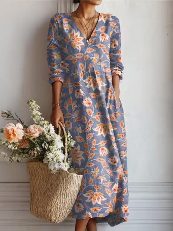 Women's Vintage Floral Midi Dress – A-Line Flowy Summer Dress