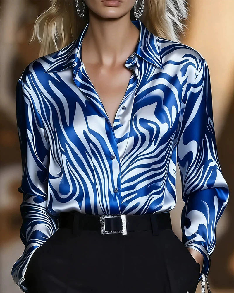 Women's Statement Print Blouse – Wave Pattern Long Sleeve Blouse