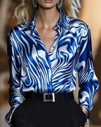 Women's Statement Print Blouse – Wave Pattern Long Sleeve Blouse