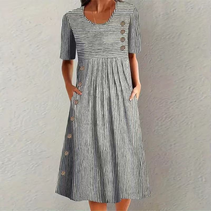 Women's Striped Midi Dress – Three-Quarter Sleeve Flowy Day Dress