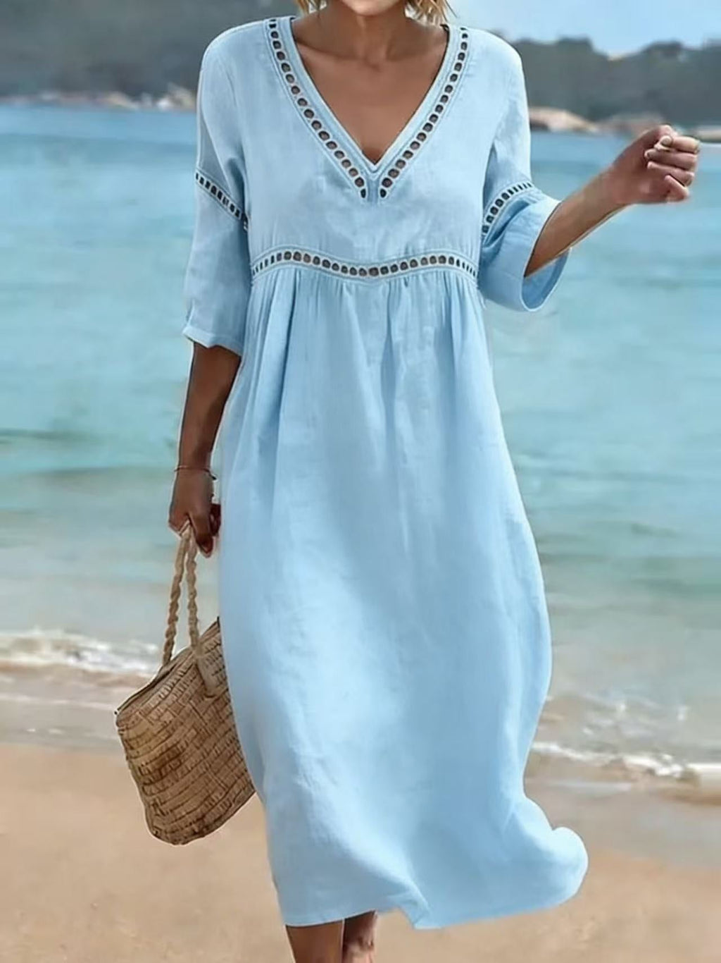 Women's V-Neck Pocket Summer Dress – Short Sleeve Midi Dress