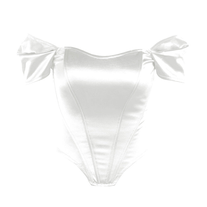 Women's Off-Shoulder Corset Bodysuit – Bow Sleeve Fitted Party Bodysuit