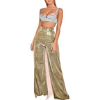 Women's Sparkly Side Slit Party Pants – High Waist Straight Leg Glitter Trousers