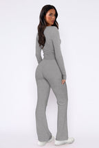 Women's Button Detail Crop Top Set – Flared Pants Casual Loungewear Set