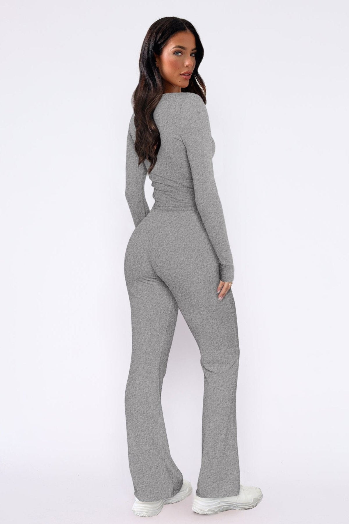 Women's Button Detail Crop Top Set – Flared Pants Casual Loungewear Set