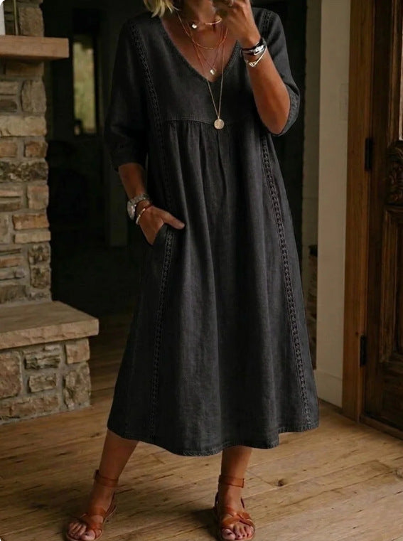Women's Vintage Denim Look Dress – Button Front Relaxed Dress