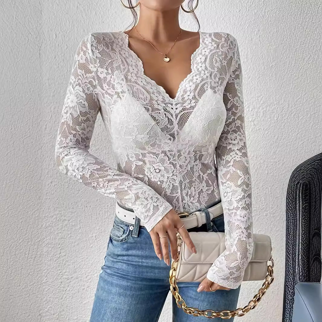 Women's Plunging Floral Lace Bodysuit – Sheer Long Sleeve V-Neck Bodysuit