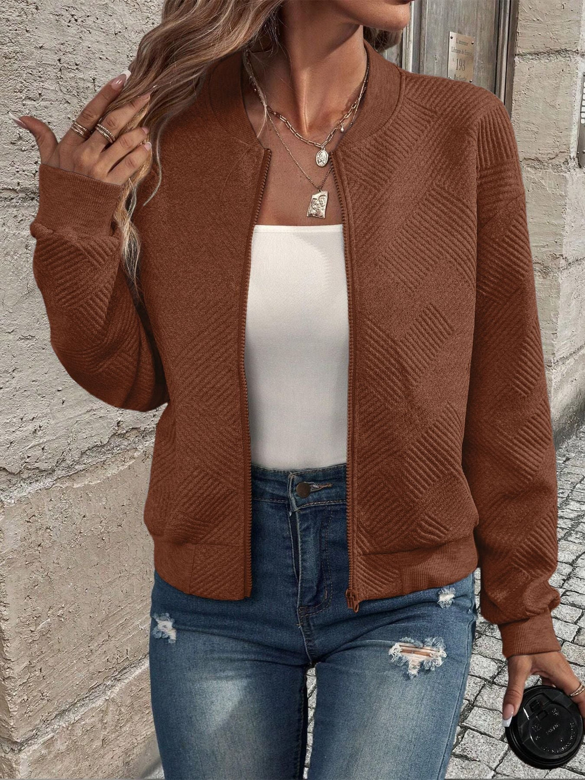 Women's Zip-Up Textured Cardigan – Long Sleeve Knit Cardigan