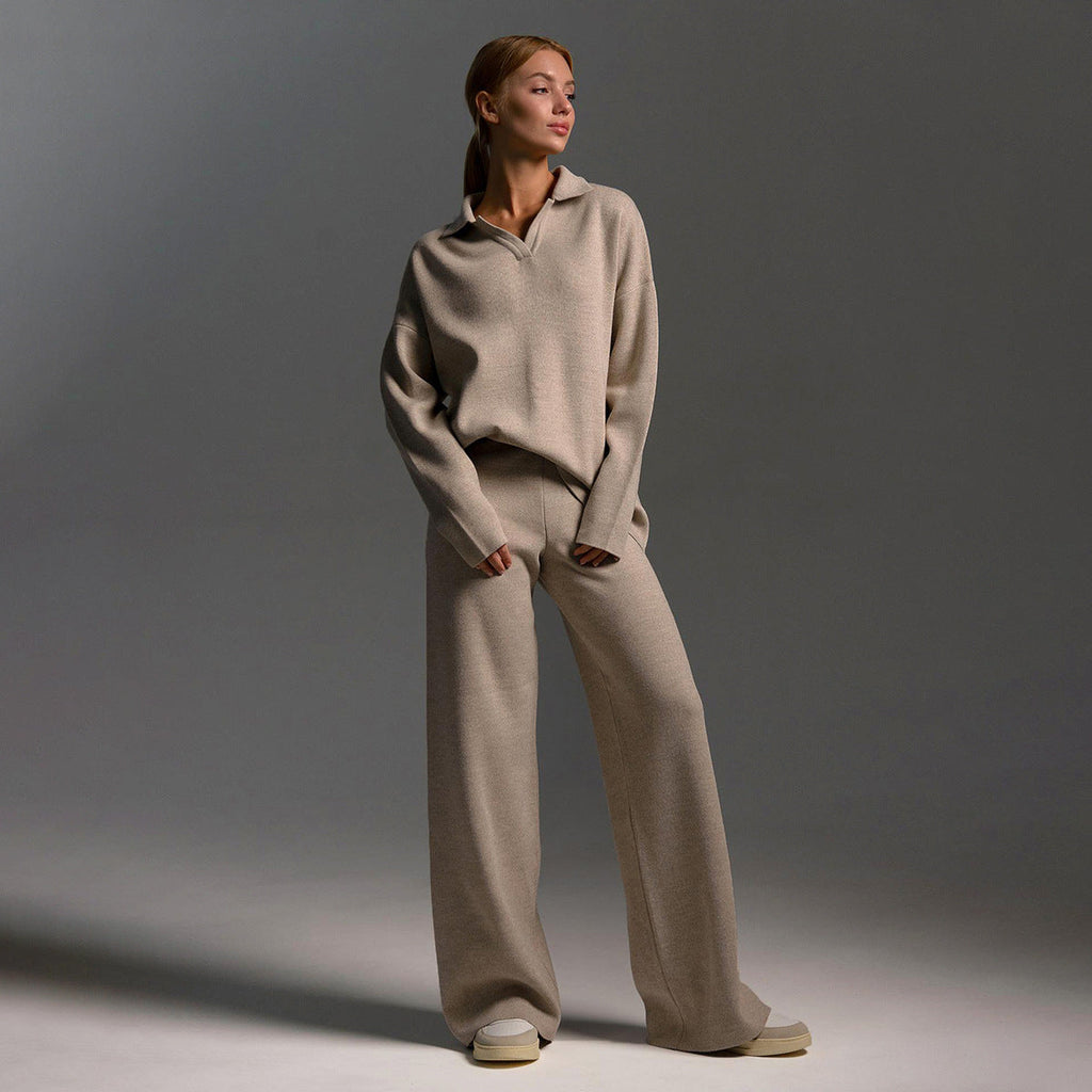 Women's Oversized Collared Sweater Set – Polo Top Wide Leg Pants Set