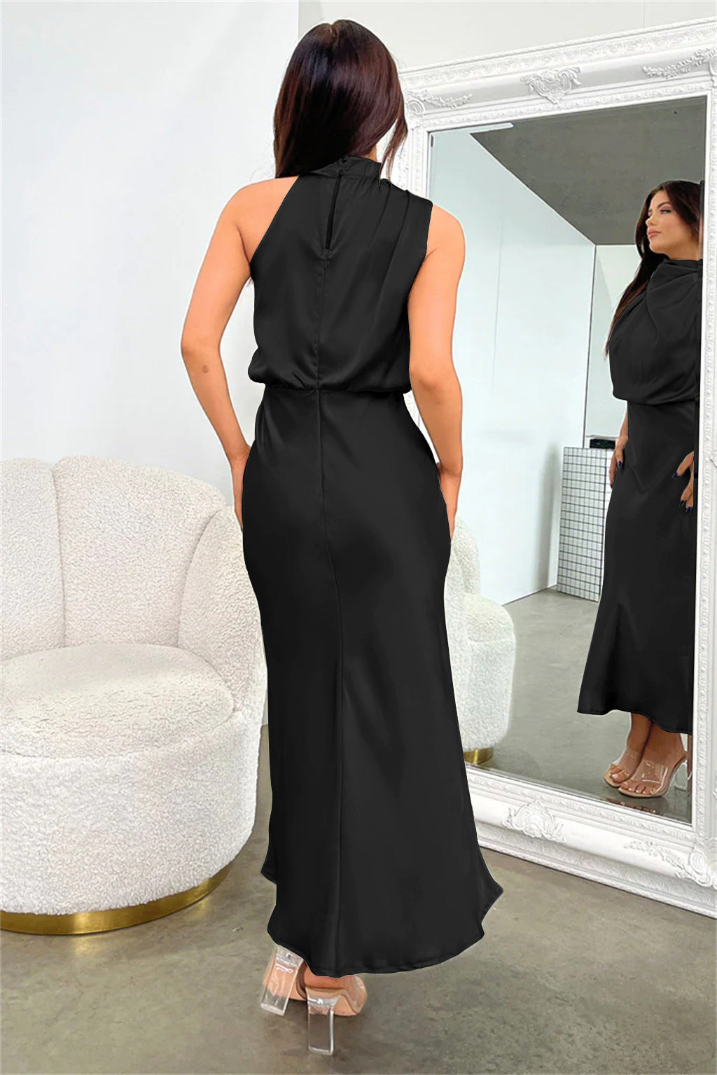 Women's Halter Cocktail Midi Dress – Flowy Relaxed Occasion Dress