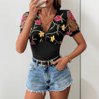 Women's Sheer Floral V-Neck Bodysuit – Lace Sleeve Fitted Bodysuit