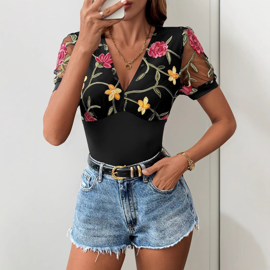 Women's Sheer Floral V-Neck Bodysuit – Lace Sleeve Fitted Bodysuit