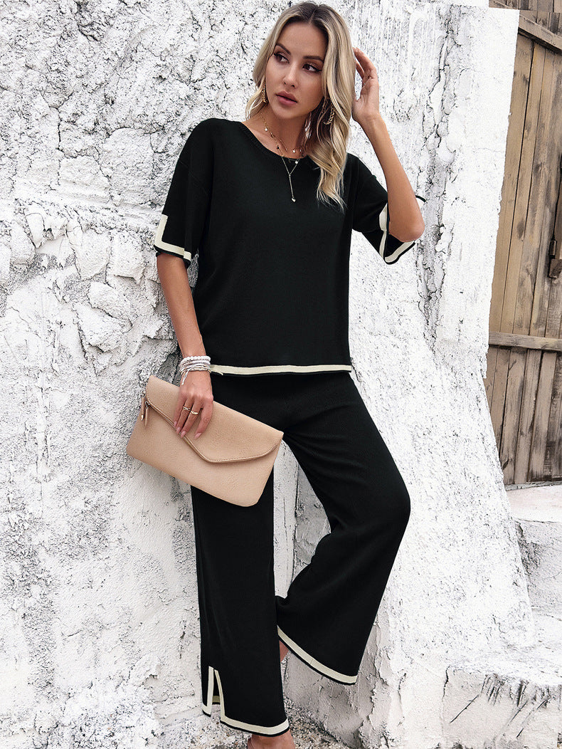 Women's Split Hem Wide Leg Pants Set – Relaxed Casual Loungewear Set