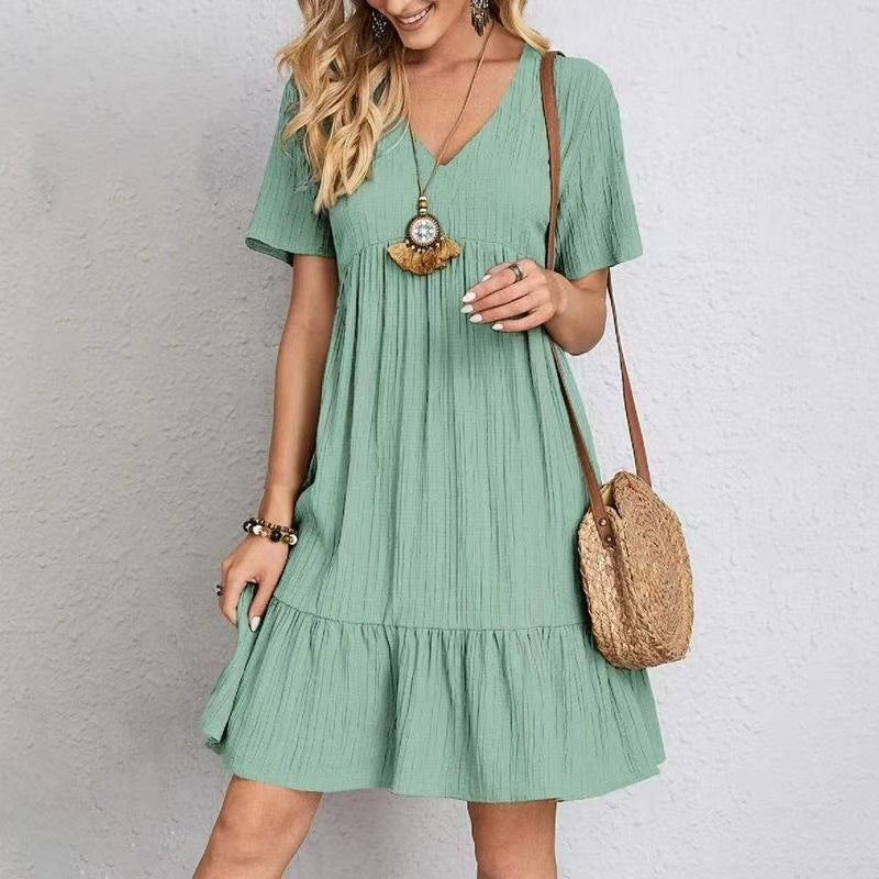 Women's V-Neck Ruffle Dress – Short Sleeve Flowy Summer Dress
