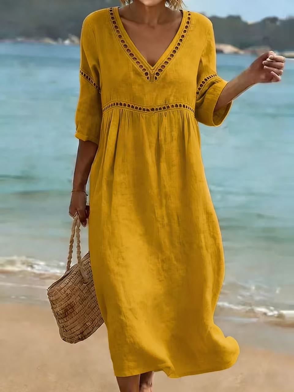 Women's V-Neck Pocket Summer Dress – Short Sleeve Midi Dress