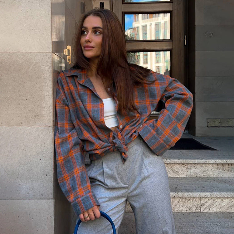 Women's Checked Button Blouse – Oversized Relaxed Shirt Blouse