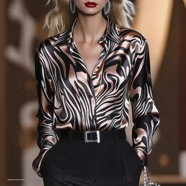 Women's Statement Print Blouse – Wave Pattern Long Sleeve Blouse
