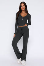 Women's Button Detail Crop Top Set – Flared Pants Casual Loungewear Set