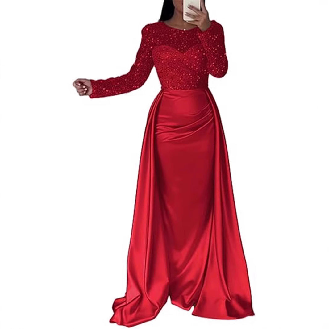 Women's Long Sleeve Glitter Gown – Flowing Sparkle Formal Evening Dress
